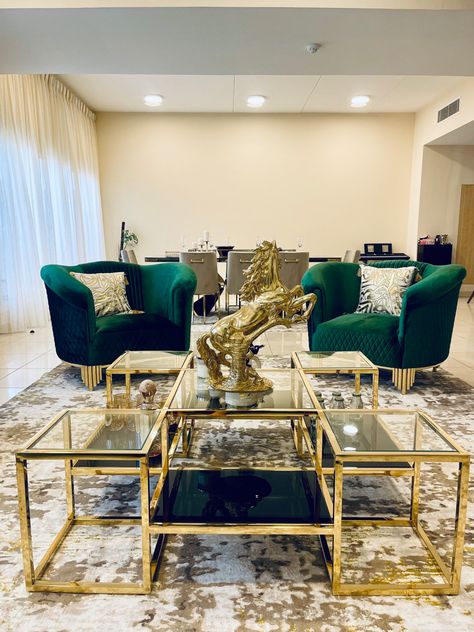 Emerald Green And Gold Living Room, Green And Gold Living Room, Cream And Gold Living Room, Sofa Set Designs Modern, Gold Living Room Ideas, Emerald Green Living Room, Addy Rae, Golden Living Room, Green Sofa Living Room