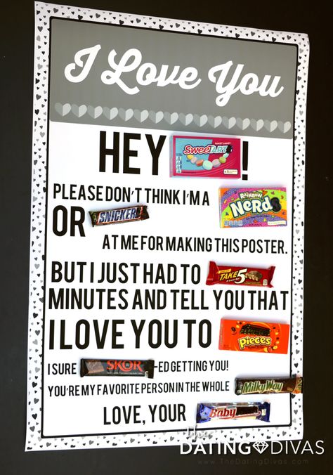 Free Romantic Candy Gram Poster                                                                                                                                                     More Husband Candy Bar Poster, Candy Poster Board, Candy Bar Cards, Candy Birthday Cards, Candy Posters, Candy Boards, Homemade Birthday Gifts, Candy Card, Candy Bar Posters