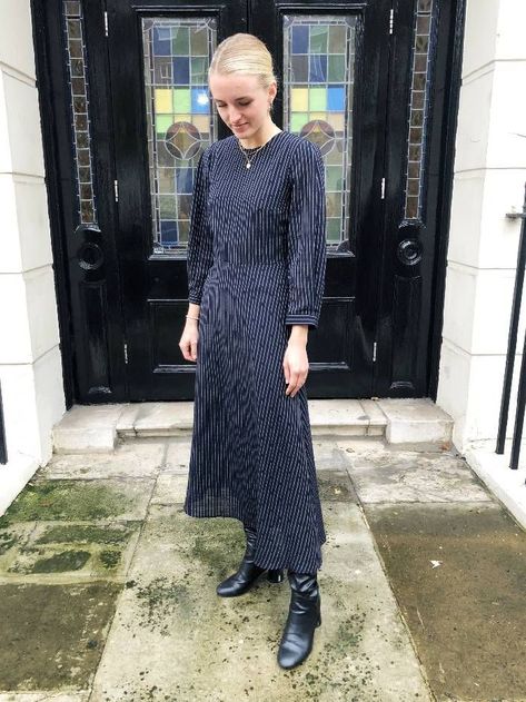 Joy Montgomery wears her black Zara boots with a Cefinn dress. Cefinn Dress, Boots To Wear With Dresses, Midi Dress Boots, Dm Boots, Midi Dress Winter, Best Boots, Pretty Floral Dress, Buy Boots, Western Style Boots