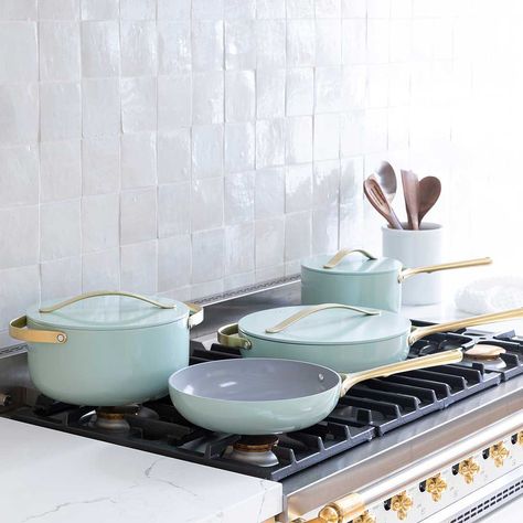 Crate and Barrel on Instagram: “Introducing NEW Caraway for Crate & Barrel—an exclusive line of limited-edition @caraway_home cookware, now in Silt Green. The internet's…” Cookware Photography, Green Cookware, Caraway Cookware, Ceramic Cookware Set, Pan Storage, Induction Oven, Aluminum Pans, Ceramic Cookware, Silicon Utensils