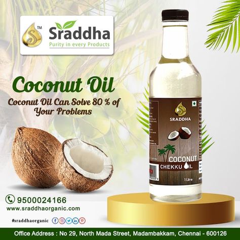 Sraddha organic Coconut Oil Coconut Oil can solve 80% of your problems For Enquiry Call Us : 9500024166 #Sraddha #Organic #SraddhaOrganic #coconutoil #oil #health #healthoil #care #bodycare #organic #sraddha #sraddhaorganic #home #Benefits #oilbenefits #chekku #chekkuoil #original #originaloil #cookingoil #originalchekku #originalchekkuoil #originalcoconut #delivery #sale #online #onlineshop #freedelivery #home Groundnut Oil, Afrique Art, Fresh Coconut, Store Image, Coconut Oil Hair, Drinks Design, Oil Benefits, Food Packaging Design, Driving School