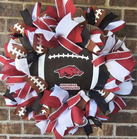 Handmade Razorback Wreath, Football Home Decor, Celina Texas, House Divided Wreath, Door Wreaths Burlap, Arkansas Razorbacks Football, Red Gold Christmas, Pink Football, Box For Storage