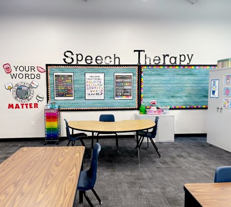 Speech Decorations Room Decor, Speech Therapy Door Hanger, Decorate Speech Therapy Room, Speech Therapist Office, Speech Office Decor, School Slp Room, Speech Therapy Room Setup, Speech Therapy Aesthetic, Speech Therapy Office Decor