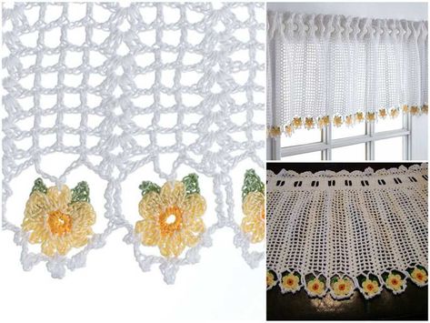 Gorgeous Crochet Curtain with Flower Stitch. [Easy & Free Written Pattern] | Your Crochet Crochet Novelty, Valance Patterns, Crochet Curtain Pattern, Lace Window, Crochet Rugs, Macrame Lace, Crocheted Flowers, Crochet Curtains, Crochet Daisy