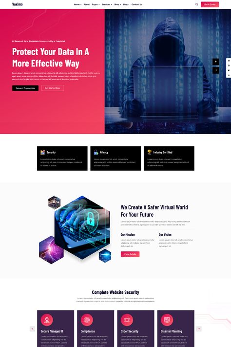 The "Vaximo" WordPress theme is a cyber security company theme designed for creating websites for cybersecurity firms, IT security agencies, technology companies, and other related businesses. It offers a range of features and customization options to showcase your services, expertise, and solutions in the field of cybersecurity. Cybersecurity Website Design, Security Website, Creating Websites, Ui Ux Website, It Security, Secret Websites, Security Company, Website Security, Header Design