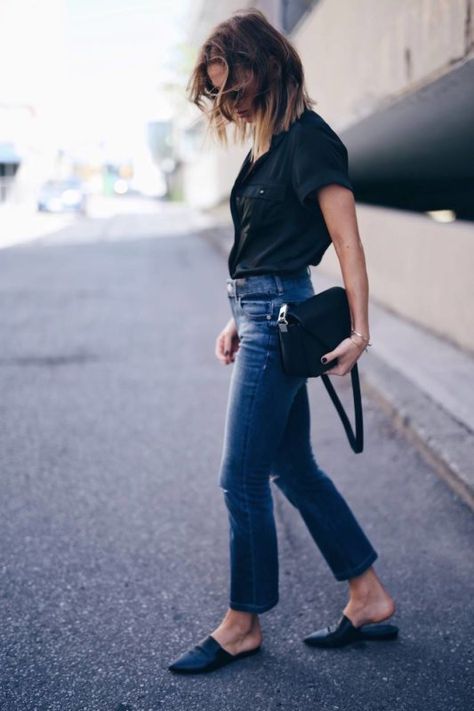 This month's My Beauty series guest is Jillian Lansky from The August Diaries, a Canadian personal style blog. Black Mules Outfit, Mule Shoes Outfit, Cropped Jeans Outfit, Comfy Jeans Outfit, Mules Outfit, One Thing At A Time, Black Mules, Denim Outfits, My Beauty