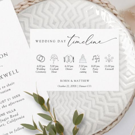 Elegant Simple Wedding Timeline Enclosure Card Wedding Timeline Cards, Wedding Timeline Invitation, Classy Black And White Wedding, Elegant Simple Wedding, Itinerary Wedding, Popular Wedding Invitations, Schedule Of Events, Icon Images, Wedding Announcement Cards