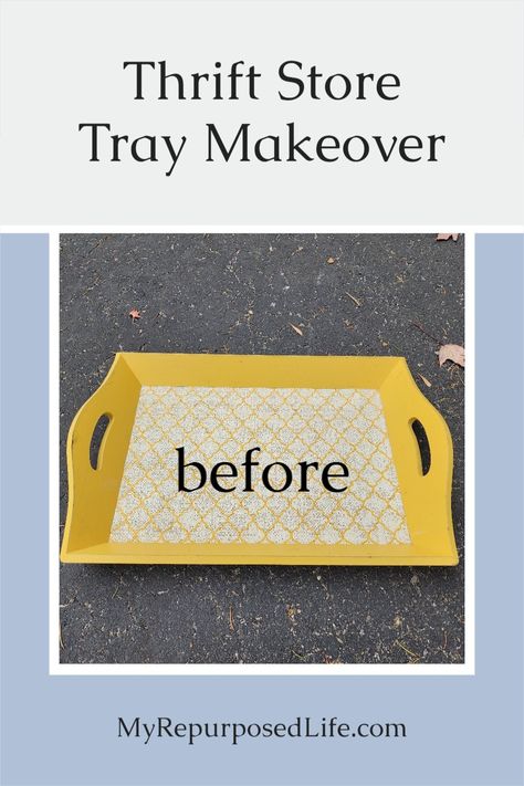 Wood Tray Makeover Ideas, Tray Diy Wooden, Plastic Tray Diy Ideas, Painted Trays Ideas Easy Diy, Diy Wooden Tray Ideas, Painted Wooden Trays Ideas, Hand Painted Trays Ideas, Ottoman Tray Diy, Metal Tray Makeover