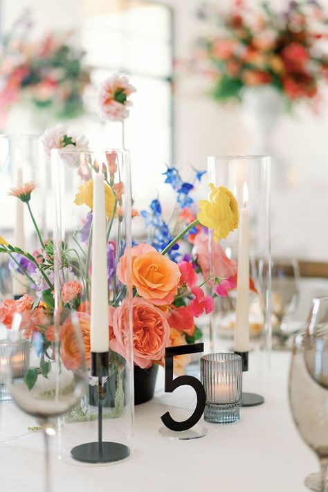 Colorful & bold wedding at The Arlo in Austin, with pops of Iridescent accents, white patterned linens, and colorful flowers. | Julie Wilhite Photography - Austin Wedding Photographer Funky Wedding Centerpieces, Black Tie Wedding With Colorful Flowers, Bright Color Palette Wedding, Black And White Wedding Colorful Flowers, Black And White Wedding With Color, Vibrant Wedding Color Palette, Wedding Pops Of Color, Colorful Outdoor Wedding, Colorful Wedding Florals