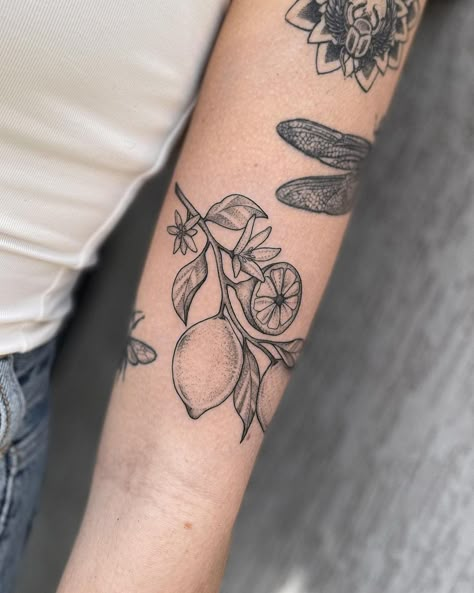 Dainty Tattoo Designs, Tattoo Pierna, Lemon Branch, Tattoo Linework, Italian Tattoos, Fruit Tattoo, American Traditional Tattoo Ideas, Traditional Tattoo Ideas, Food Tattoos