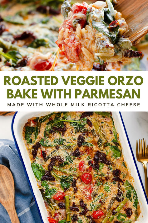 Our Creamy Roasted Veggie Orzo Bake combines vibrant, fresh ingredients with the comforting warmth of a baked dish. This recipe showcases the sweetness of cherry tomatoes, the savory notes of sun-dried tomatoes, and the creamy richness of ricotta and Parmesan cheeses. The addition of spinach and asparagus not only boosts the flavor but also adds a wonderful crunch and splash of color. Roasted Veggie Orzo, Orzo With Roasted Vegetables, Fall Lunch Ideas, Veggie Orzo, Easy Fall Dinner Ideas, Healthy Fall Recipes Dinner, Orzo Bake, Roasted Vegetables Recipe, Baked Dish