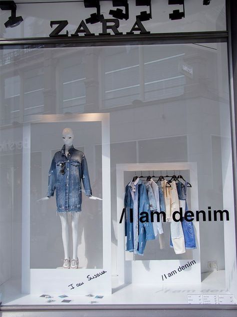 Denim Window Display, Denim Display, Unique Mannequin, Window Display Retail, Visual Merchandising Displays, Store Window Displays, Clothing Displays, Retail Inspiration, Retail Windows