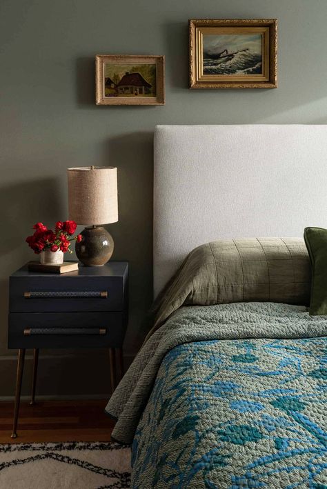 Heidi Caillier Design, Blue Green Bedrooms, Heidi Caillier, Grey Headboard, Cottage Bedroom, Bedroom Green, Blue Bedding, Blue Bedroom, Interior Design Inspiration