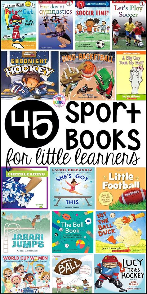 Sports theme booklist and for preschool, pre-k, and kindergarten. Most of these books can be used for a ball study or ball theme too. Sport Theme Activities Preschool, Balls Preschool Theme, Preschool Exercise Theme, Exercise Study Creative Curriculum, Creative Curriculum Exercise Study, Sports Theme Preschool, Preschool Sports Theme, Sports Lesson Plans, Sport Themed Crafts