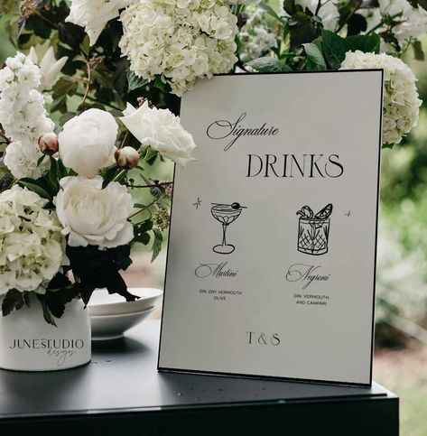 Introducing our Signature Cocktails Wedding Bar/ Drinks Menu Signage Template in Old Money Eleanor Collection. This design features my original cocktails illustration and modern vintage inspired typography, a unique addition to your wedding, engagement, hens party, birthday, dinner party or any special event.  With this template, you can edit all details including wording, text font, illustration color and background color as well as upload your own graphics to make this sign uniquely you. Our t Speciality Cocktails Wedding Sign, Cute Bar Signs For Wedding, Specialty Cocktail Sign, Wedding Signs Bar, His And Her Wedding Cocktails, Signature Drink Sign Wedding, Engagement Party Details, Wedding Signature Drink Sign, Menu Wedding Cards