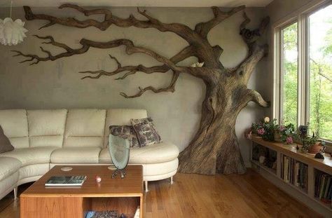 love the 3D tree on the wall for a nature-themed nursery Shaped Shelves, Kolam Koi, Carved Wall Art, Koti Diy, Tree Mural, Tree Decals, Diy Casa, Metal Tree Wall Art, Cob House