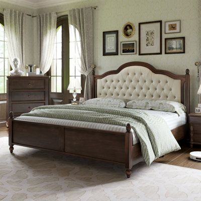 Solid Wood Bed Frame, Tufted Upholstered Headboard, Roman Columns, Wood Bed Frame, Solid Wood Bed, Queen Bed Frame, Wood Bed, Tufted Headboard, Bed Base