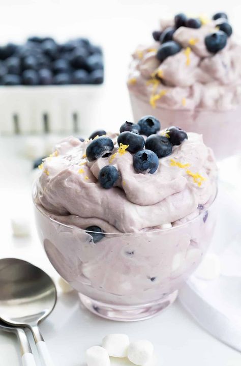 Blueberry Lemon Fluff is a quick and easy dessert with a velvety texture and a delicious blend of flavors from blueberries, lemon curd, and marshmallows. It's a sweet and tangy no-bake dessert that is perfect for summer gatherings or anytime you are looking for a light and refreshing treat! Blueberry Fluff, Lemon Fluff, Blueberry Mousse, Easy Impressive Dessert, Homemade Blueberry Pie, Homemade Marshmallow Recipe, Blueberry Pie Filling, Fluff Recipe, Fluff Desserts