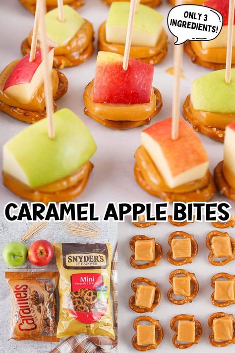 It’s time to get on the TikTok trend and try these Caramel Apple Bites this season. Simple to assemble with mini pretzels, caramels, and apple pieces, these tasty fall treats are an easy, sweet, and salty snack on a stick. Great for a party or an after-school snack! Taste why they go crazy on Facebook and Pinterest every time I post them! #falldessert #caramelapples #bitesized Caramel Apple Halloween Treats, Fall Theme Snacks For Preschool, Classroom Fall Party Food Ideas, Caramel Apple Sticks, Sliced Candy Apples On A Stick, Carmel Apple Bites With Pretzels, Carmel Apple Snacks, Candy Apple Bar Halloween, Apple Pretzel Bites