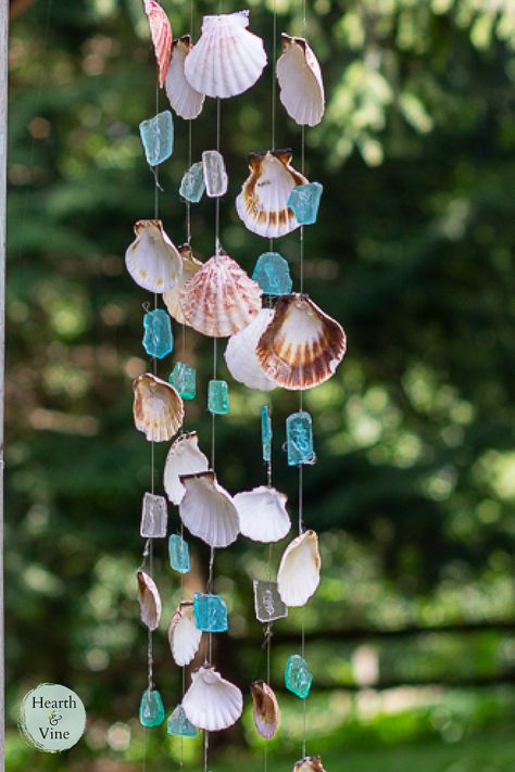 Inspired by the movie "The Choice" this easy seashell and glass windchime is a charming addition to your outdoor decor. Decorated Seashells, Sea Shell Wind Chimes, Seashell Mobile, Sea Glass Wind Chime, Windchimes Diy, Mermaid Garden, 33 Birthday, Shell Projects, Seashell Wind Chimes