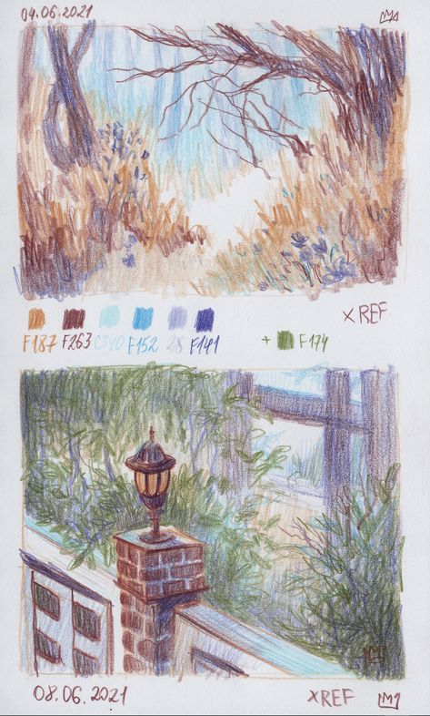 Landscape Drawing Colorpencil, Landscape Sketch Color Pencil, Colored Pencil Landscape Sketch, Color Pencil Practice, Colored Pencil Watercolor, Colored Pencil Art Landscape, Colored Pencil Sketchbook Ideas, Landscape Art Colored Pencil, Pen And Colored Pencil Art