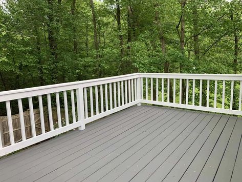 Gray Deck With White Railing, Grey And White Deck Ideas, Behr Boot Hill Grey Deck Stain, Grey Painted Deck, Deck Colors Ideas Paint White House, Boothill Grey Behr Deck, Benjamin Moore Deck Paint Colors, Deck Correct Before And After, Deck Colors For Gray House