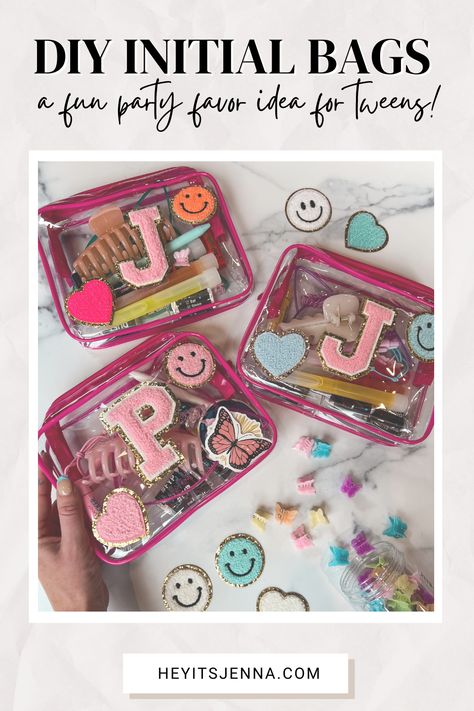 DIY Initial Favor Bags • hey, it's jenna Makeup Bag Gift Ideas Party Favors, Diy Craft Birthday Party Ideas, Bday Gift Bags Party Favors, Skincare Party Favors, Birthday Diy Activities, Build Your Own Goodie Bag Bar, 13 Birthday Goody Bags, Cute Party Favors Birthday, Summer Gift Ideas For Kids