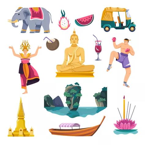 Traditional landmarks Royalty Free Vector Image Thailand Illustration Art, Thai Art Traditional, Thai Symbols, Thailand Culture, Asia Culture, Panda Animal, Watercolor Travel, Doodle Coloring, Thai Art