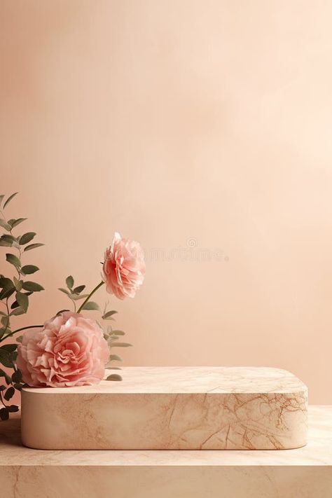 Podium with beautiful flowers. Mock up for product, cosmetic presentation. Pedestal or platform for beauty products royalty free stock photo Cosmetic Product Background, Background Cosmetic Beauty, Flower Product Photography, Cosmetics Wallpaper, Product Podium, Cosmetic Poster, Podium Background, Podium Design, Background Photo Studio