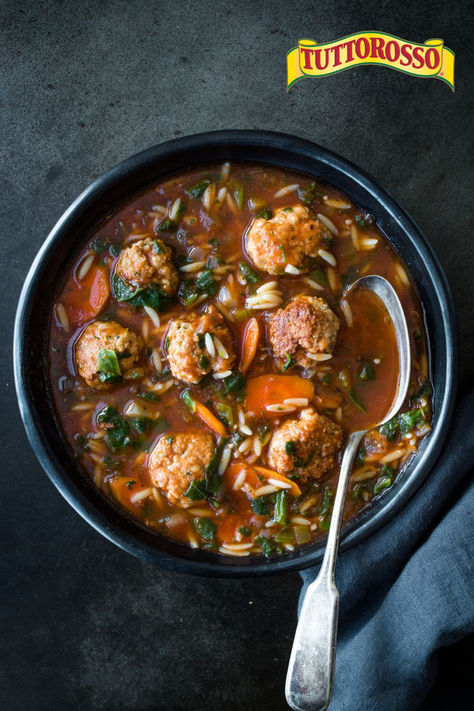 Red Italian Wedding Soup Parsley Soup, Meatball Seasoning, Soup Base, Meatball Bake, Wedding Soup, Orzo Pasta, Ground Chicken, Crushed Tomatoes, Italian Wedding