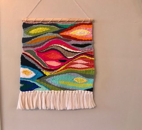 Great Blue Fiber. Modern Fiber wall art rainbow wool and cotton hanging from a modern dowel. This fun rainbow weave is sure to make you smile!  Measures 12x16 Hand made with love 🌈 Rainbow Weaving, Modern Weaving, Weaving Loom Diy, Weaving Loom Projects, Tapestry Woven, Weaving Wall Hanging, Weaving Tutorial, Woven Art, Woven Wall Art