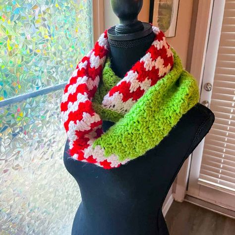 Crochet Christmas Scarf Pattern - thecaffeinatedsnail.com Crochet Christmas Hat Scarf, Crocheted Scarf Patterns Free, Crochet Grinch Scarf Free Pattern, Crochet Scarf Christmas, Grinch Scarf Crochet Pattern, Grinch Scarf Crochet Pattern Free, Christmas Scarves Crochet, C2c Grinch Scarf Free Pattern, Grinch Crochet Scarf