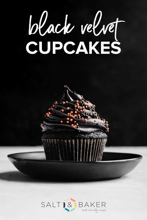 Black Velvet Cupcakes, Recipe With Cocoa Powder, Black Cocoa Powder, Black Velvet Cakes, Black Buttercream, Cupcakes For Halloween, Black Frosting, Cocoa Powder Recipes, Black Cupcakes