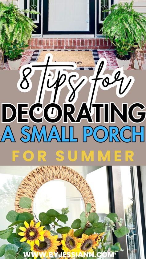 How to Decorate a Small Porch for Summer - 8 HOT TIPS! Late Summer Porch Decor, Tiny Porch Decorating Ideas, Tiny Front Porch Ideas, Decorating A Small Porch, Summer Porch Ideas, Small Porch Decorating Ideas, Small Front Porch Decorating Ideas, Tiny Porch, Small Porch Decor