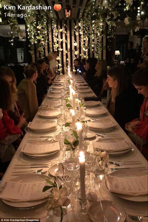 Kim Kardashian West tablescape for the launch of her new crystal-themed fragrance | Daily Mail Online...x Kardashian Christmas, Diner Party, Graduation Dinner, Dinner Party Decorations, Birthday Dinner Party, Dinner Restaurants, Dinner Party Table, Dinner Table Setting, Dinner Decoration