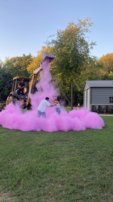 Paint Ball Gender Reveal, Heavy Equipment Gender Reveal, Construction Themed Gender Reveal, Hiking Gender Reveal Ideas, Excavator Gender Reveal, Tractor Gender Reveal Ideas, Construction Gender Reveal, Tractor Gender Reveal, Gender Reveal Country Theme