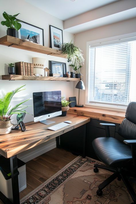 Small Office Ideas Two Desks, Dark Wood Office Aesthetic, Small Workroom Ideas, Mens Work From Home Office, Back To Back Desks Home Office, Office Decor White Walls, Office With White Walls, Home Office Design Corner Desk, Home Office In Front Of Window