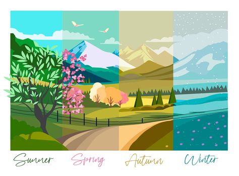 Four Season Illustration, 4 Season Illustration, 4 Seasons Drawing, Seasons Illustration, Seasonal Illustration, Poster Art Ideas, Four Seasons Art, Cuadros Diy, Dubai Art