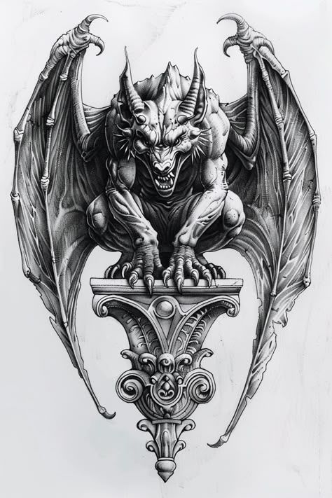 Backdrop Tattoo Ideas, Gargoyle Sleeve Tattoo, Gargoyle Wings Tattoo, Gargoyle Back Tattoo, Gargoil Tattoo Gothic Gargoyles, Big Gothic Tattoo, Gothic Gargoyles Tattoo, Cemetery Tattoo Graveyards, Cerberus Tattoo Design Greek Mythology