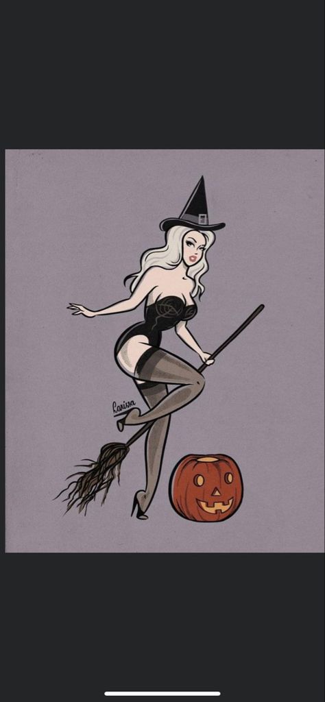 Halloween Tattoo Pinup, Pinup Witch Tattoo, Halloween Pinup Tattoo, Witch Pin Up Tattoo, Halloween Pinup Tattoo Flash, Halloween Pin Up Art, Spoopy Art, Witch Pinup, Pinup Halloween