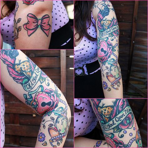 Rockabilly Tattoo Sleeve, Girly Sleeve Tattoo, Rockabilly Tattoos, Hairstylist Tattoos, Many Tattoos, Girly Tattoo, Rockabilly Tattoo, Bright Tattoos, Army Tattoos