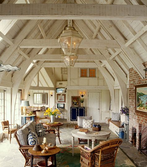 Love the whitewashed walls and exposed rafters.  Would be great for a covered porch/outdoor room! Stables Conversion, Boathouse Decor, Carpentry Details, Huka Lodge, Hilltop House, Beamed Ceilings, Cabin Vibes, Interior Design Portfolios, Big Room