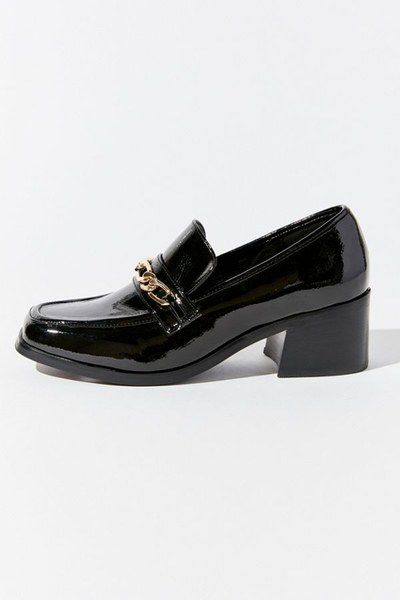 UO Gema Chain Trim Heeled Loafer Black Heeled Loafers, Loafer School Shoes, Cute Black Loafers, Chic Black High-heeled Loafers, Urban Outfitters Shop, Luxury Black Semi-formal Loafers, Cowboy Ankle Boots, Block Shoes, Back To School Shoes