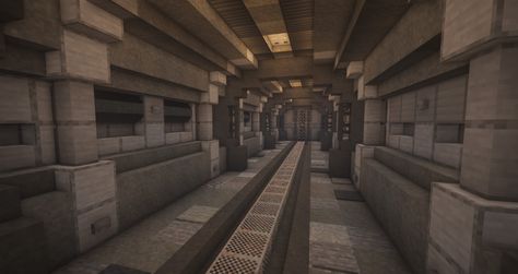 Minecraft Corporate Building, Minecraft Fallout Shelter, Underground Bunker Entrance Minecraft, Minecraft Tardis Interior, Minecraft Space Station Ideas, Minecraft Bunker Entrance Ideas, Minecraft Scp Facility, Minecraft Vault Interior, Minecraft Train Station Underground