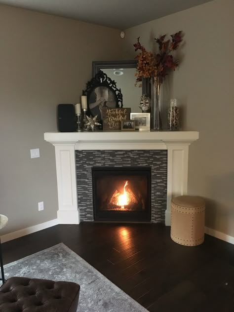 Corner Fireplace Shelves, Electric Fireplace In Corner Of Living Room, Over Corner Fireplace Decor Ideas, Above Corner Fireplace Decor, Corner Fireplace Living Room Decor, Corner Fireplace Mantel Decorating Ideas, Corner Fireplace Bedroom Ideas, Corner Mantel, Corner Fireplace Low Ceiling