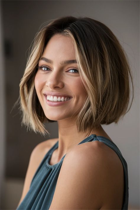 Discover the magic of balayage hair for short styles! This technique beautifully blends low lights and highlights, transforming your bob or pixie into a work of art. Whether you opt for subtle babylights or bold peekaboo highlights, balayage allows you to play with colors like caramel and blonde, all while keeping dark roots for depth. #BalayageHair #ShortHair #HairInspiration #Hairstyles Brown Balayage Hair Bob, Brunette Bob With Highlights Balayage, Short Dark Blonde Balayage, Balayage Hair Short Bob, Blonde Balayage On Dark Hair Short, Dark Blonde Balayage Bob, Blonde Bob Dark Roots, Short Bob Balayage, Caramel Balayage Short Hair