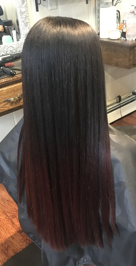 Dark brown hair color melted into red/violet ends Highlighted Ends Of Hair Dark Brown, Black Hair With Burgundy Ends, Dark Red Ends On Black Hair, Dark Brown Hair With Red Ends, Black Hair Ends Dyed, Brown Hair With Dyed Ends, Brown Hair With Dark Red Underneath, Red Ends Hair, Red Ends On Brown Hair