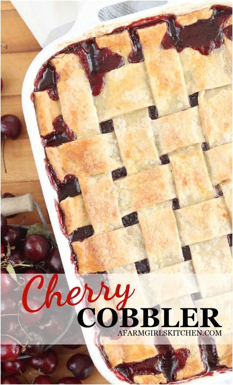 Cherry cobbler with lattice pie crust in white rectangle baking dish on wooden cutting board. Fresh Cherry Pie Recipe, Fresh Cherry Cobbler Recipe, Fresh Cherry Cobbler, Tart Cherry Pie, Easy Cherry Cobbler, Fresh Cherry Pie, Cherry Pie Filling Recipes, Berry Cobbler Recipes, Cherry Cobbler Recipe