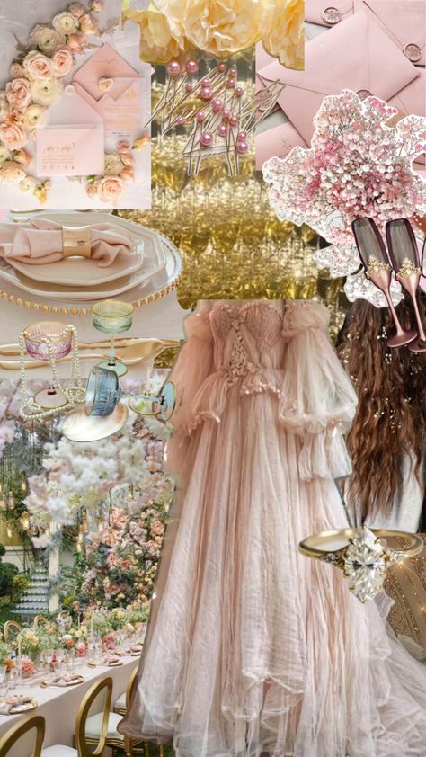 Light pink & gold fairytail enchanted wedding idea theme Enchanted Garden Theme Dress, Pastel Fairytale Wedding, Enchanted Garden Wedding Dress, Pink Fairy Wedding, Fairy Tail Wedding Theme, Fairytail Dress, Pink Fairytale Wedding, Fairy Wedding Theme, Fairytale Wedding Ideas