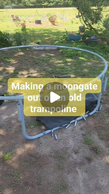 Ellie Bagwell on Instagram: "Making a Moongate out of an old trampoline. ✨️  This is a 10ft trampoline and it is the perfect size. I've been wanting a moongate in the spot for a while now and it looks just how I envisioned.  Repurposing old materials can make some the coolest projects!  #moongate #repurposedmaterials #trampoline #gardeninspiration #growagarden #fairycore #fairygarden #gardendesign #gardening #outdoordecor #diy" Ideas For Trampoline Frame, Trampoline Frame Garden Arch, Diy Garden Landscaping Ideas, Trampoline Frame Arbor, Upside Down Trampoline Ideas, Recycled Greenhouse Diy, Trampoline Ring Ideas, Old Trampoline Frame Ideas Garden, Old Trampoline Frame Ideas Diy